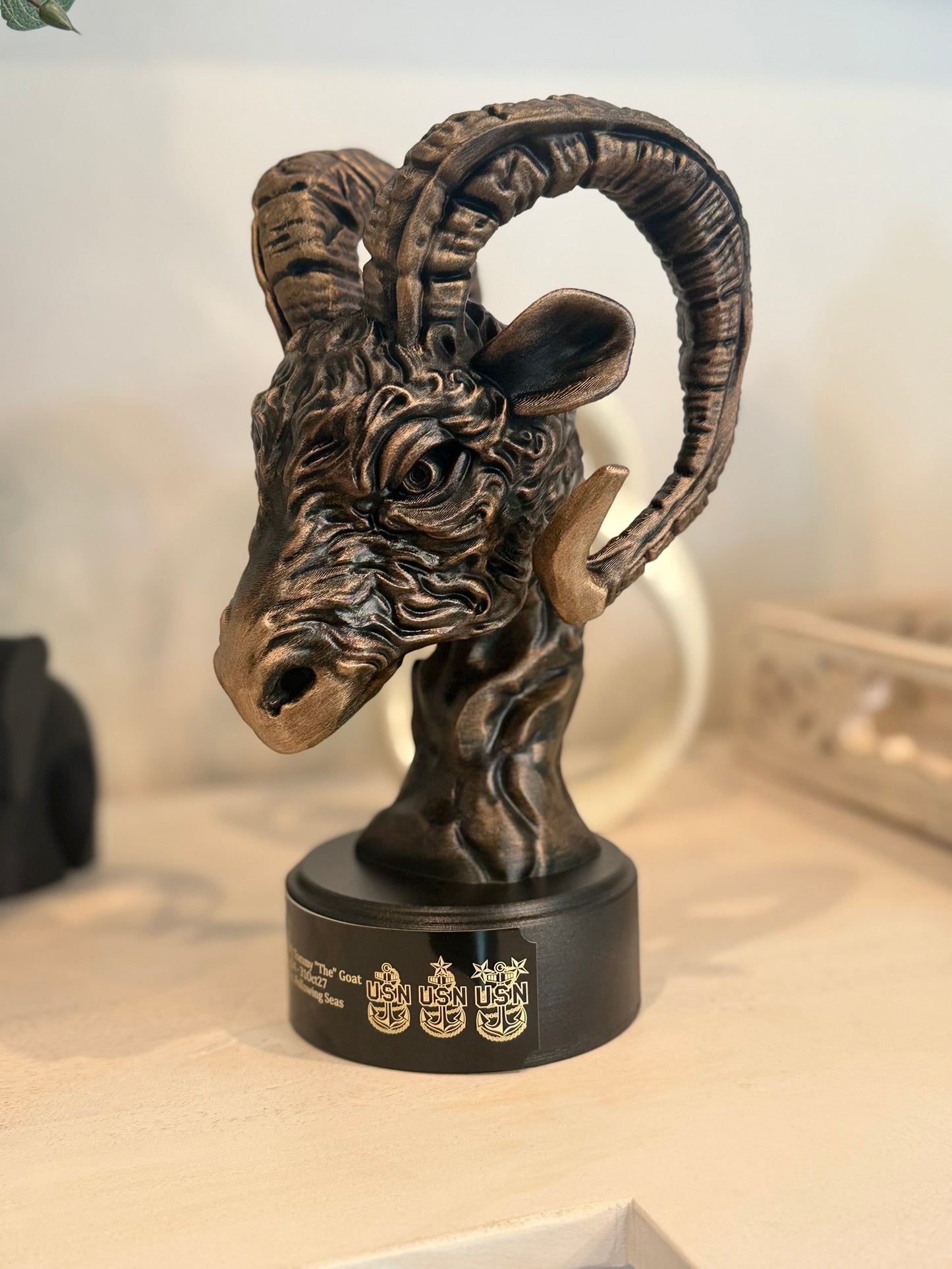 Custom Navy Chief Goat Head Sculpture – USN Retirement Gift | Hand-Painted CPO Statue | Goat Locker Decor