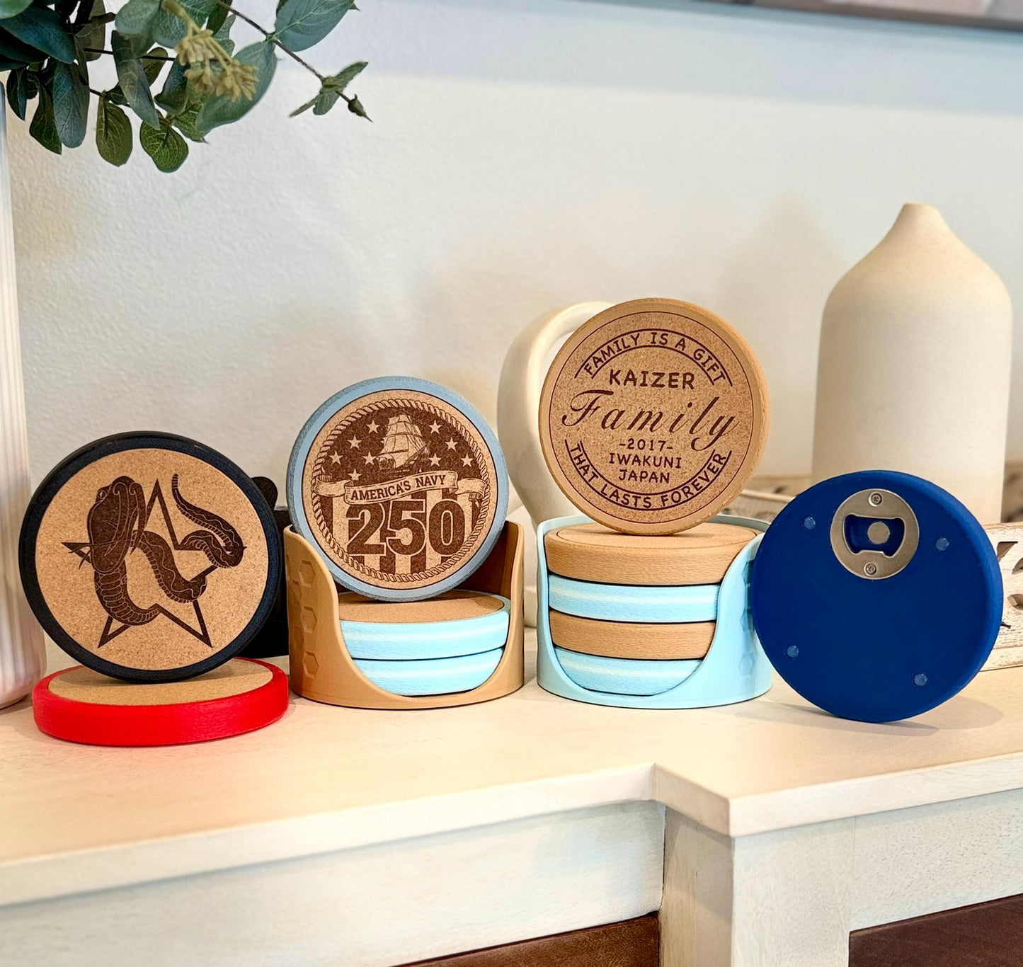 Custom Engraved Coaster Set with Holder